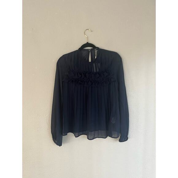 Anthropologie Endless Rose Sheer Navy Pleated Blouse w/ Lace Detail, Lar… - Picture 6 of 11